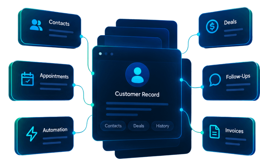 Connected CRM customer record with contacts, deals, appointments, follow-ups, automation and invoices