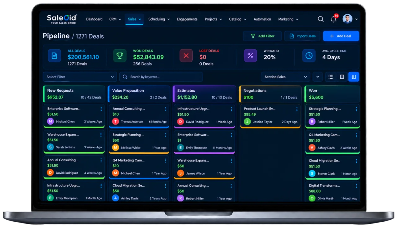 Startup CRM sales pipeline with visual deal tracking