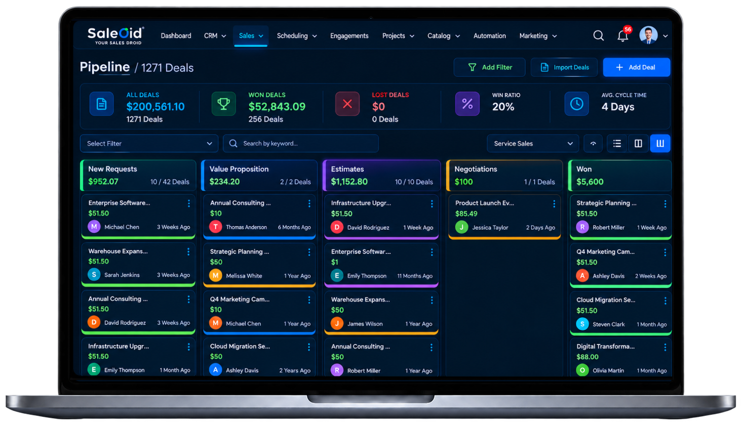 Startup CRM sales pipeline with visual deal tracking