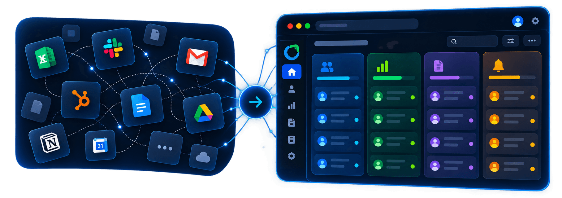 Scattered business tools connect into one unified Saleoid CRM dashboard.