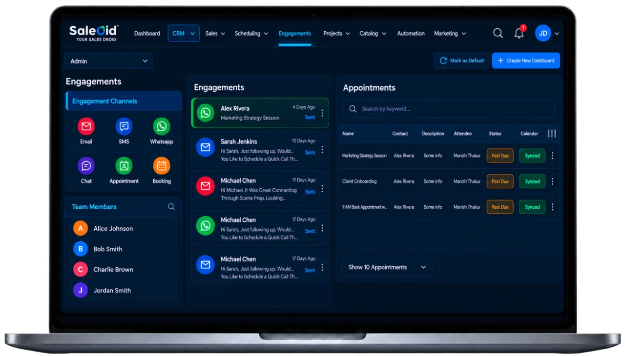 Saleoid CRM activity dashboard with upcoming follow-ups