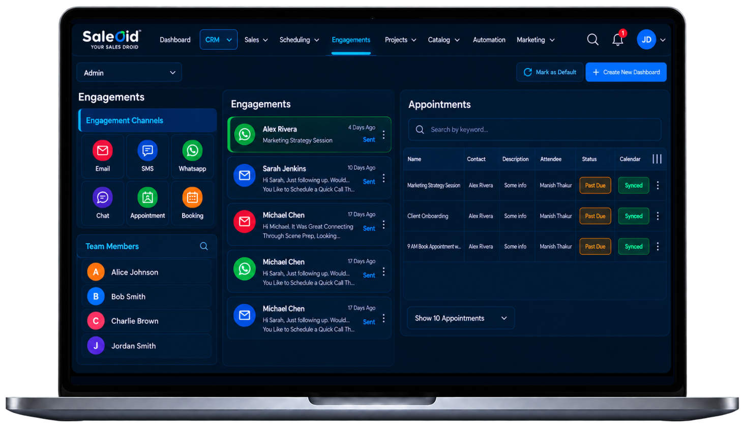 Saleoid CRM activity dashboard with upcoming follow-ups